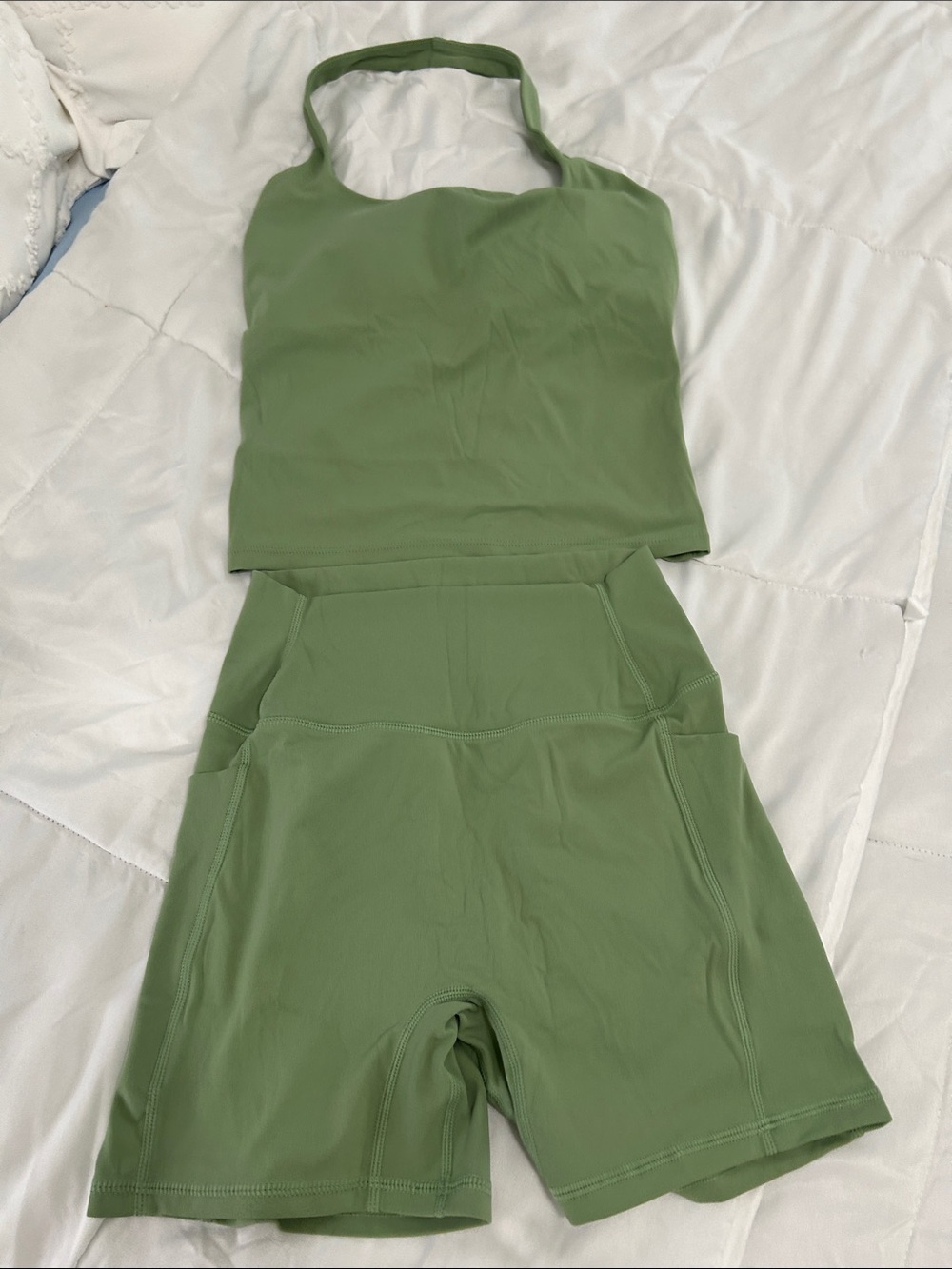 Women's sage Green Active Shorts and Halter Crop Top Set